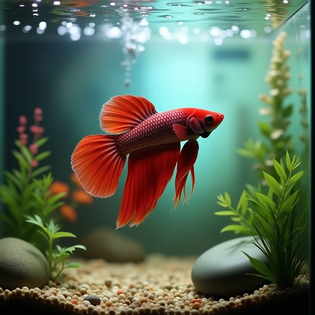in a serene aquarium、a single beautiful betta swims leisurely。Betta fish possess vibrant colors、its long fins sway gracefully as it glides through the water.。against a backdrop of lightly colored aquatic plants and rocks、soft light illuminates the entire tank。