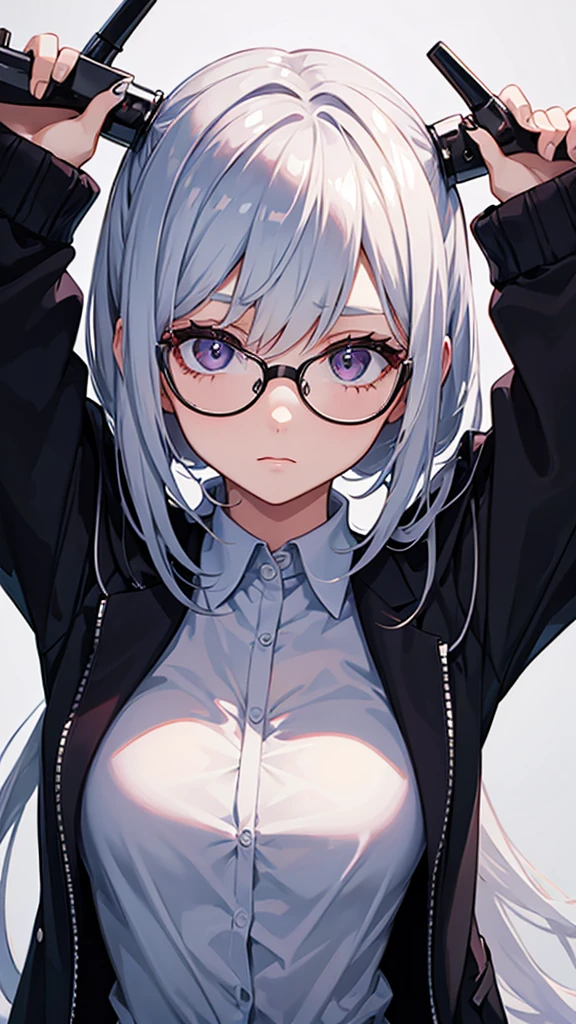White hair, large breasts, mature woman, wolf ears, pink pupils, wearing white T-shirt, wearing a black jacket, wearing plastic-rimmed glasses.,long hair.