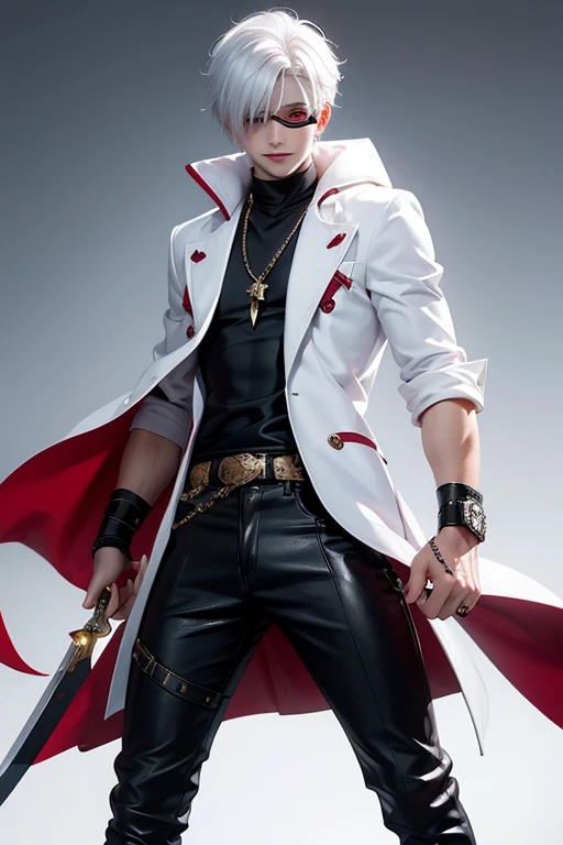 1 white haired boy, lean defined, stylish clothes, eye patch, holding two magic weapons, fully body, one eye red, best qualityer, (Young man), wild smile