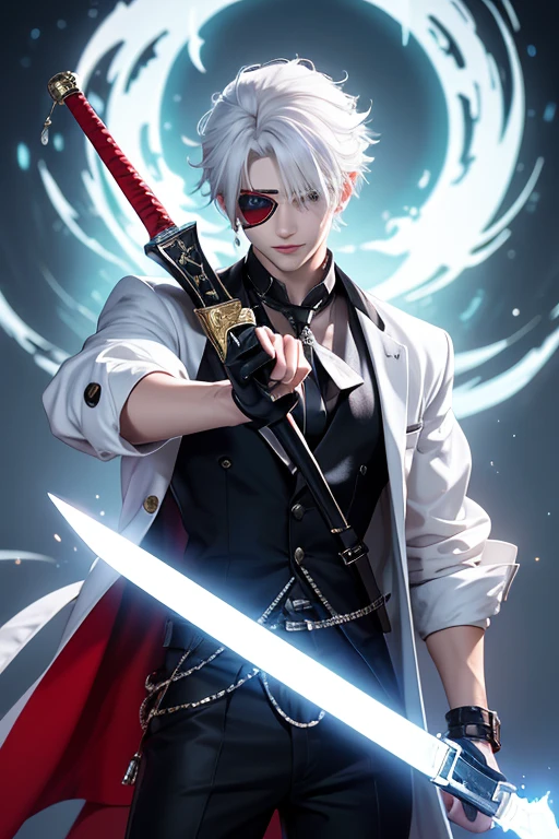 1 white haired boy, lean defined, stylish clothes, eye patch, holding two magic weapons, fully body, one eye red, best qualityer, (Young man), wild smile