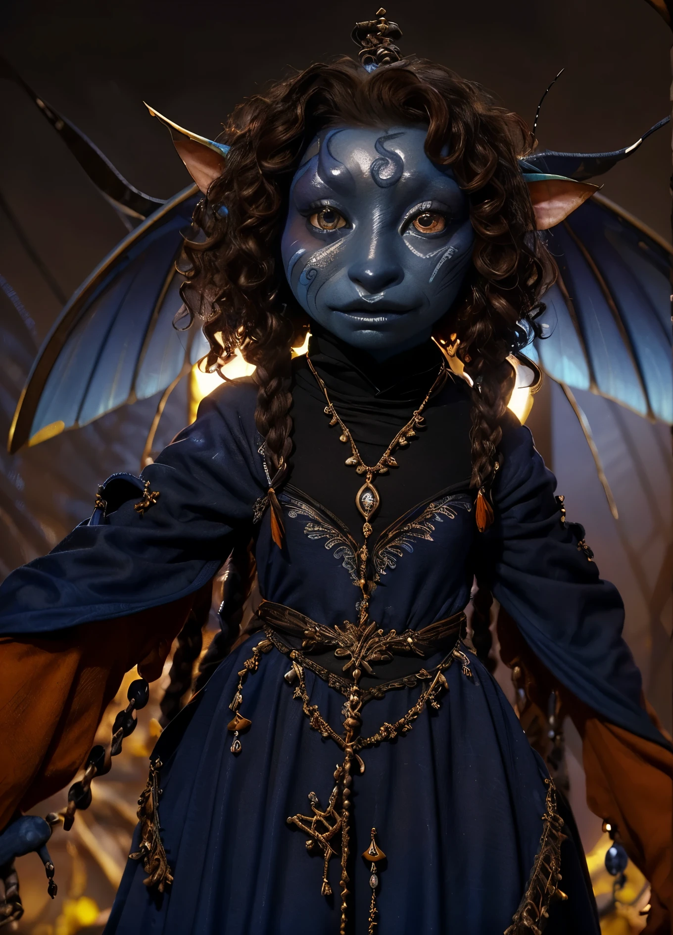 dousan, gelfling, female, dark blue and orange beaded robes decorated with jewels and bones, short curly hair with long decorated braids, desert, blue skin with lighter blue face paint, big orange eyes, jewelry, full body, insect wings coming from shoulders,