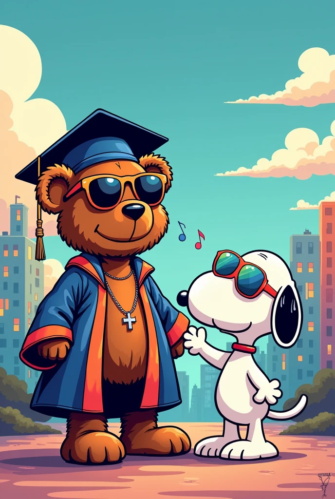 Create a imagen of kanye west the graduation bear and snoopy