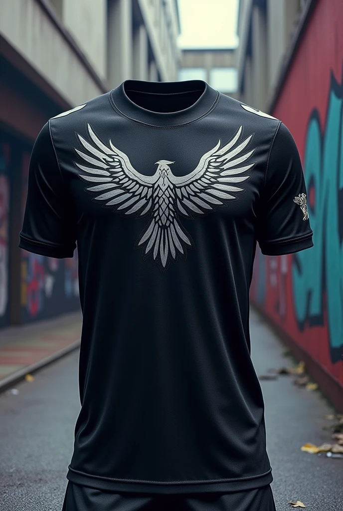 Create a jersey with black and gray colors and a raven as the team logo.