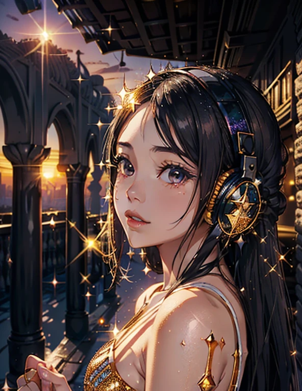 girl with headphones, ((ruined palace, ((sunset, very sparkly)))), masterpiece, highest quality, light bokeh, adventure, Magic kingdom