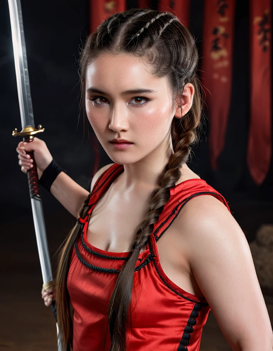 Ancient Chinese style, red armor, long haired child, girl's child, black long hair, wielding sword, beautiful facial features, bright background, cinematic lighting. Ancient Chinese style, red armor, long haired (Christina Chong beautiful face, narrowed eyes. smirk. black braided hair,), wielding sword, beautiful facial features, black background, cinematic lighting, full body - v 5.1