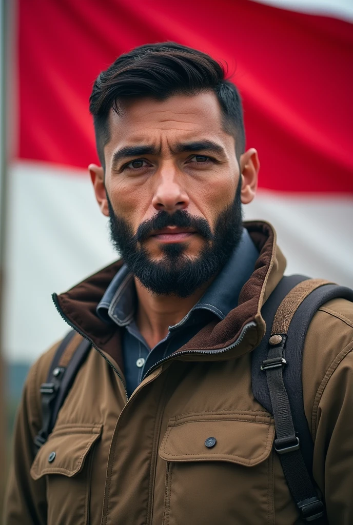 masculine jewish man, slight facial hair, full weight body, black hair, short neck, stand straight, close up portrait, outdoor outfit jacket, in front of Indonesia flag