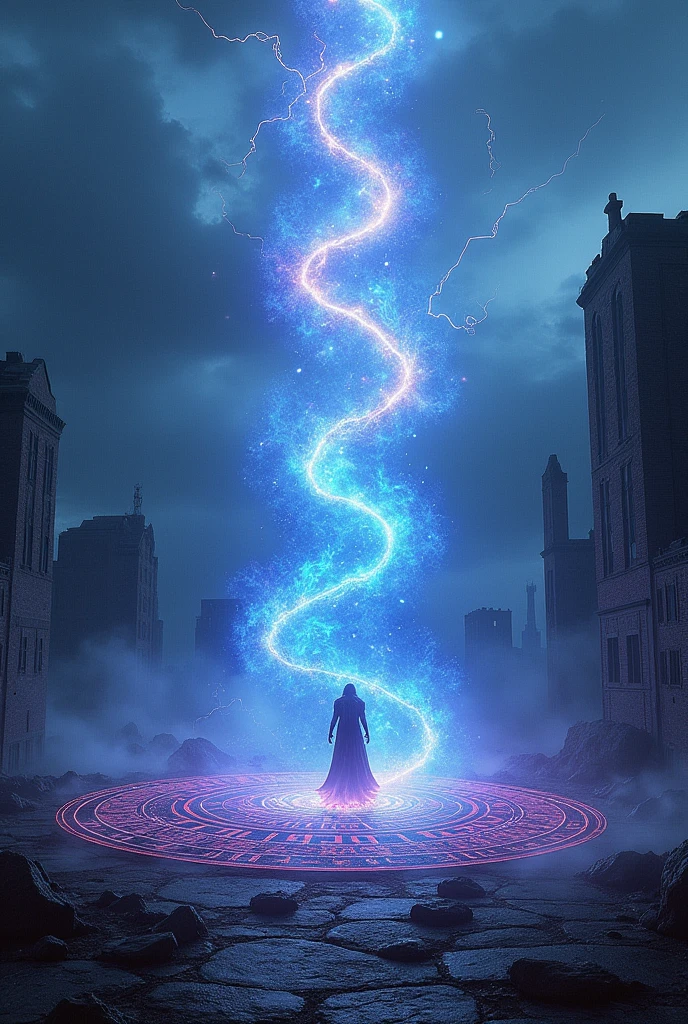 In the heart of a ruined city, surrounded by rubble and partially destroyed buildings, intense conjuration magic is in full effect. In floor, a circle of ancient runes glows with a pulsating light of blue and purple hues, forming a spiral of energy that slowly rises into the cloudy sky. The magical energy seems to distort the air around it, creating waves of heat and static electricity that cause the stones to float slightly. At the epicenter of the spiral, a shadowy creature begins to take shape, emerging from the shadows and the intertwining magical light. The aura around the conjuration is intense, with sparks of energy crackling and running along the ground, as the sound of distant thunder echoes in the background. The scene is shrouded in a low mist, that blends with the light of magic, creating an atmosphere of mystery and immeasurable power.