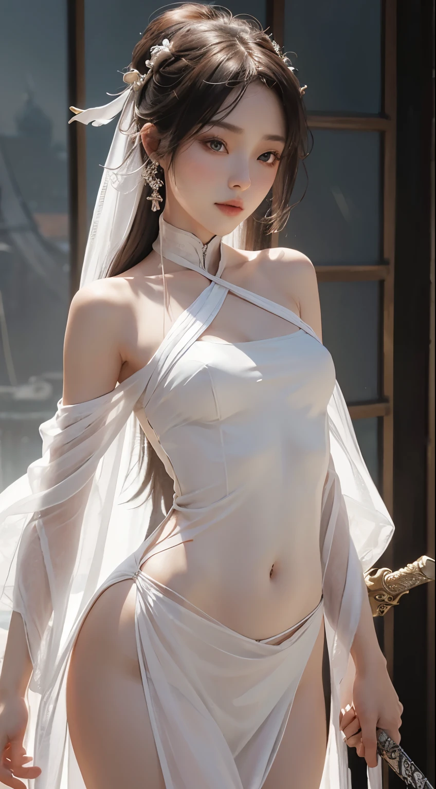 photorealistic, erotic pose, (shot from below:1.2), (intricate details, exaggerated details, ultra high details), self-portrait, (1girl, beautiful, delicate face, innocent, pale skin, short whitewavy hair), (((bandage wrapped around chest), modern gray kimono, ancient shorts with (side slits)):1.2), side boobs, small waist, ((wide thigh gap, wide thighs):1.2), (masterpiece)