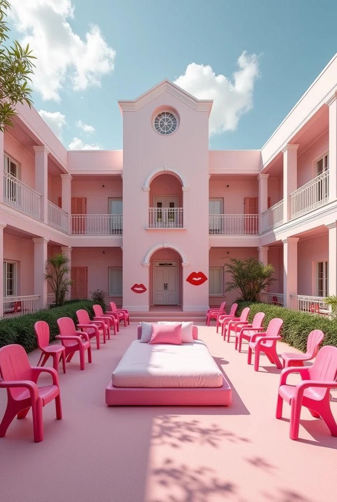 (photorealism:1.2) Empty in a pink girls' school inside yard, In a pink and white classic or modern school building, clean in good shape, the sign "Colegio Coquetas" and the signs of many kisses 💋 on the walls, not childish drawings on the walls, A pink King size bed in the middle of the yard and many pink plastic chairs surrounding the bed in the middle, realistic, intricate details