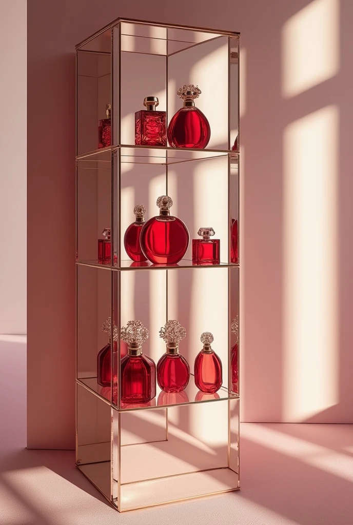Create a tall mirrored glass shelf. with many perfumes in different shades of red