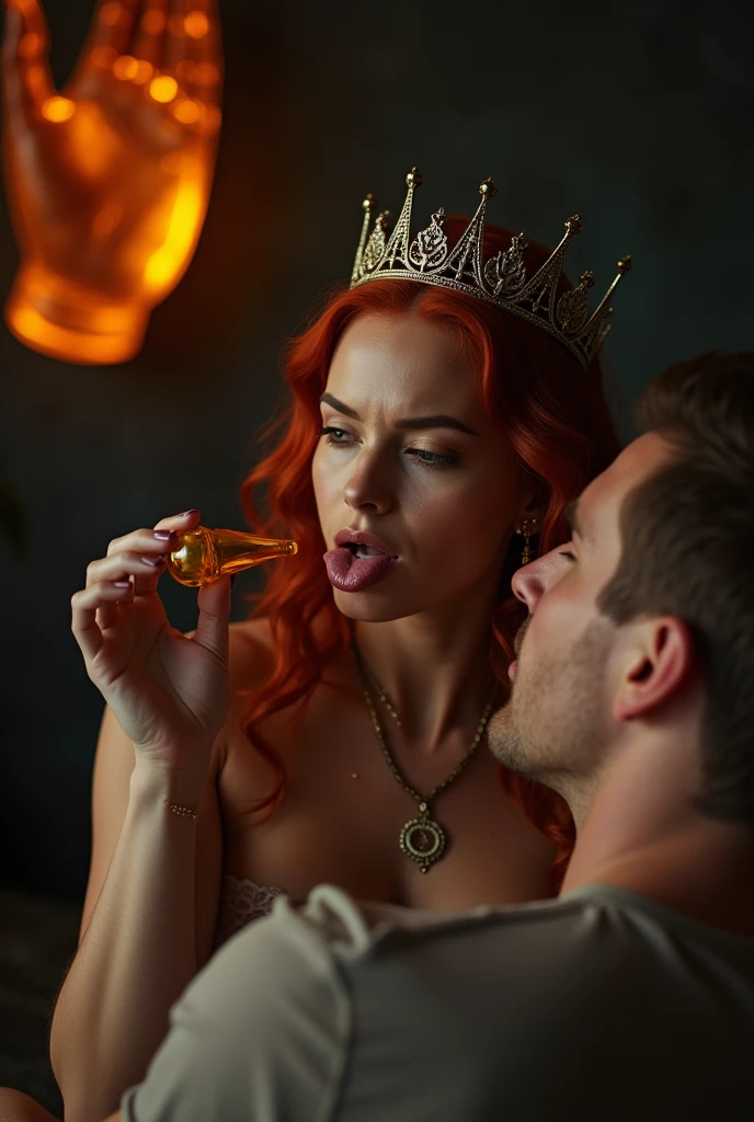 A woman with red hair, wearing a crown, is sitting on a man's lap. She is licking a penis with her tongue, while the man with the penis is off-camera. The scene is set in a dark room, with a focus on the woman's face, and the background has a giant amber statue's hand and arm. The camera angle is a close-up, capturing the intimate moment. The ISO is set to 1600, and the aperture is f/2.8, creating a slightly blurred background.