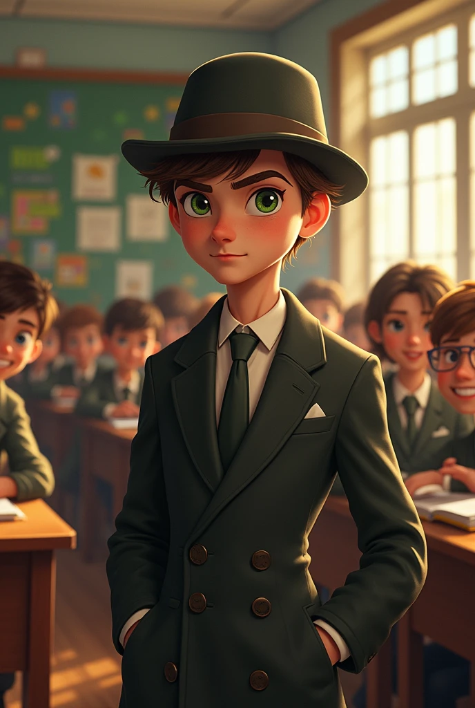Green eyed, brown hair, young man with glasses. Dressed as a spy with a gabardine and a hat. He must be inside a classroom with a crowd