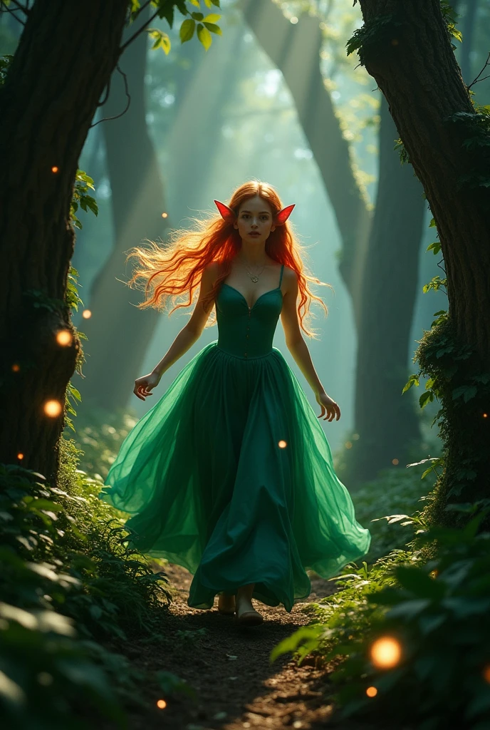 A 22-year-old girl, with pointy ears of white skin and red hair with golden streaks and emerald green eyes,wearing a green ball gown princess dress, running through the middle of a dark forest