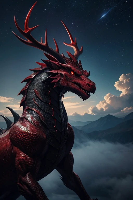 Dragon; with a dragon's head, a long body, shimmering red eyes,Large antlers,black scales and scarlet details, the entire scene is a night sky with a few black clouds,And from these clouds fall red lightning 