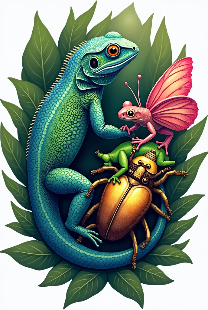 A logo that contains a lizard, A frog, a butterfly and a beetle