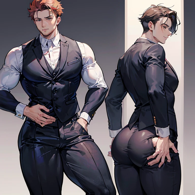 One Man, muscular, jocks, athletic, ginger, wearing suit vest clothes, big butt, huge ass, comically massive ass, bubblebutt, thick, thicc, thick ass, thick legs, thick thighs, huge butt cheeks, ass huge, showing butt to camera, smiling, looking back at camera, big booty, man booty, men with huge butts, men in suit vest clothes, showing off ass, absolutely massive butt, enormous ass cheeks in suit vest pants, full ass, wide ass, round ass, tight suit vest pants, abnormally huge butt, unrealistically massive ass, Giant butt cheeks, giant butt, giant ass, dark dress pants, button down shirt, men, bodyguard, suit vest black, gay, fight some thiefs, suit vest black, night, naked, alone, shift night, man or boy, no girls
