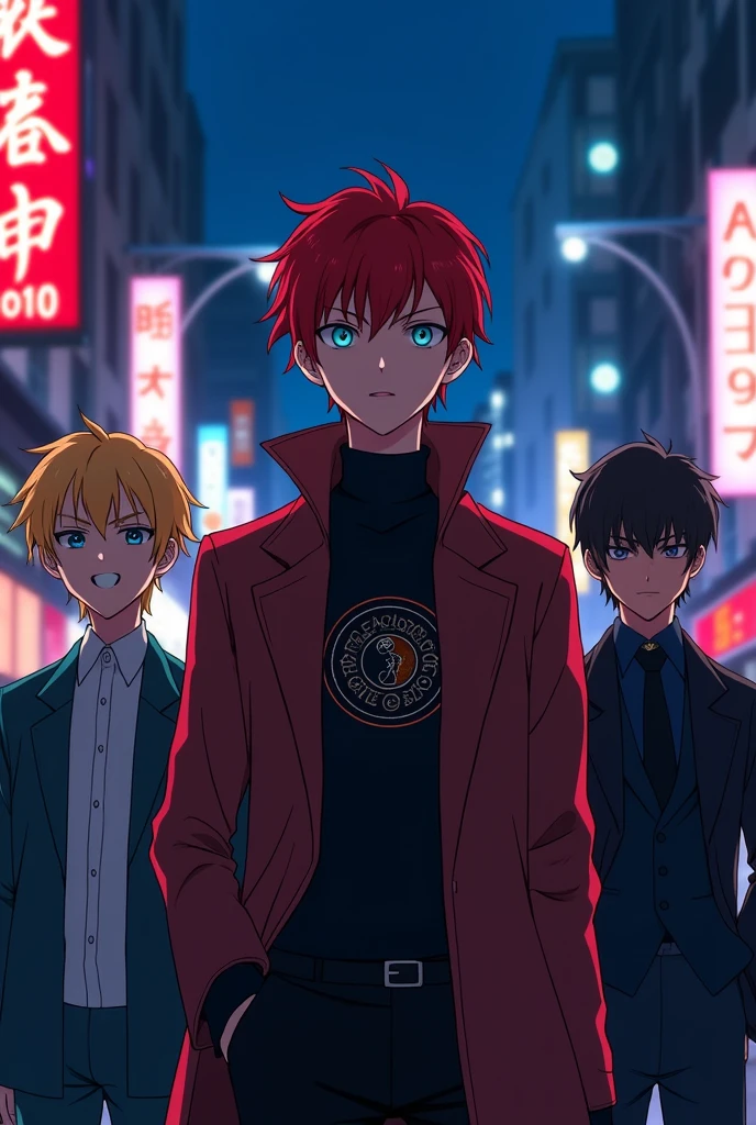 In an urban setting at night, Three male characters meet for the first time in a 2D anime style reminiscent of Shintani.. to the left, a blond young man with a psychopath expression and bright blue eyes. On the right, a 15-year-old boy with black hair and eyes, emanating a mysterious aura. At the center, the main character, a 19-year-old red-haired boy with black eyes, wearing an elegant coat with a round symbol on the chest that combines the moon and the sun.. The scene captures ten