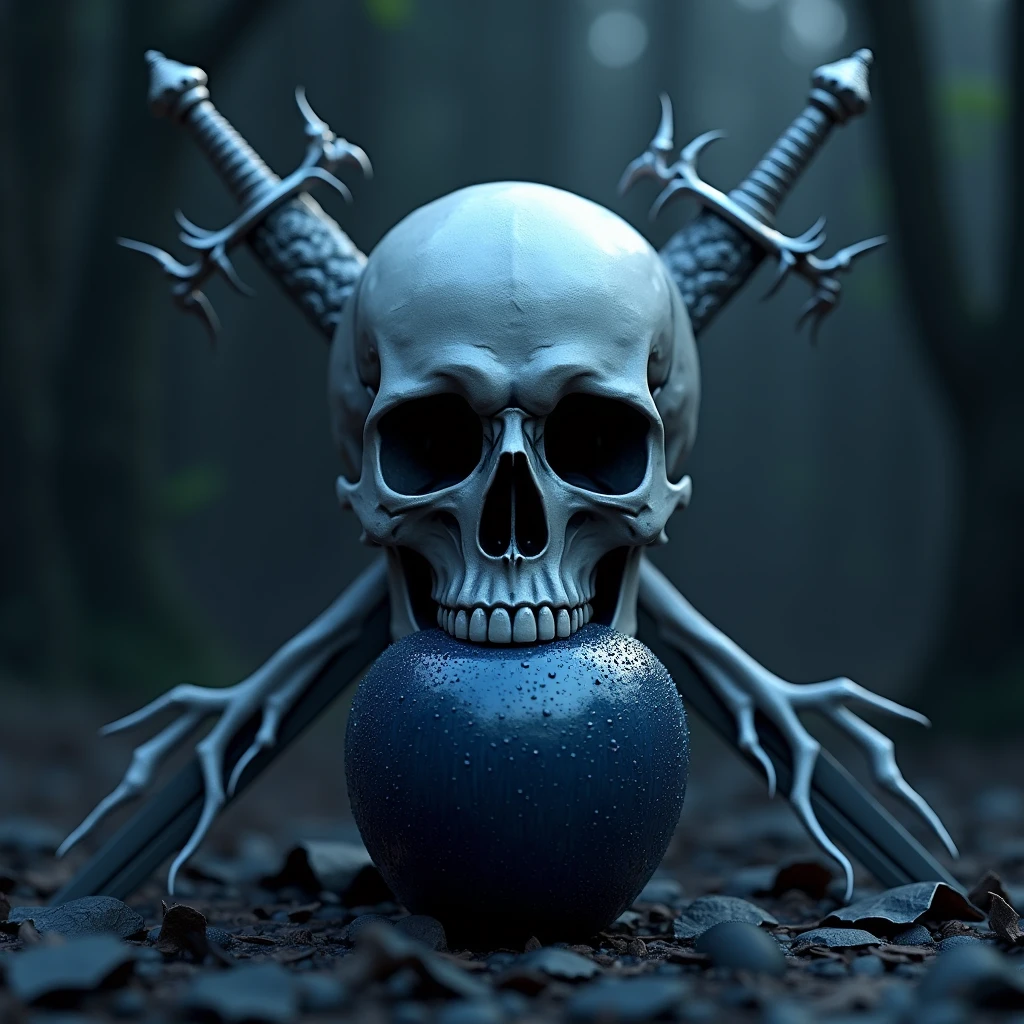 Create a 3D image of a skull biting into a dark blue apple, with two swords behind the skull. in the background full of thorns and white branches intertwined with the skull, em uma floresta escura.