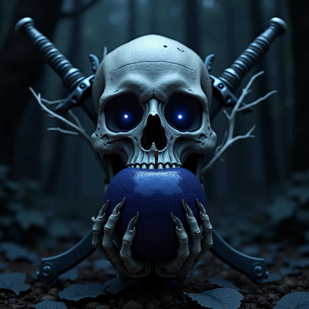 Create a 3D image of a skull biting into a dark blue apple, with two swords behind the skull. in the background full of thorns and white branches intertwined with the skull, em uma floresta escura.