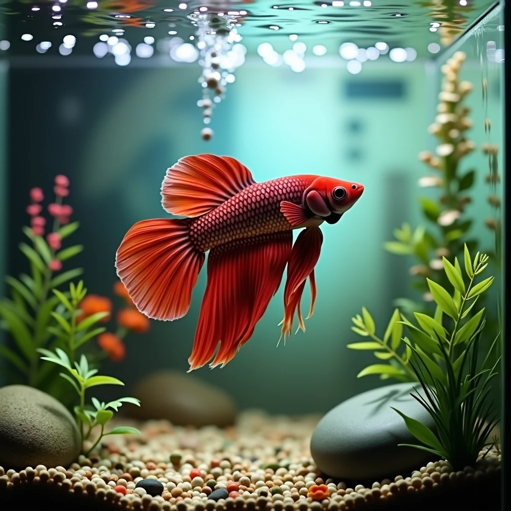 in a serene aquarium、a single beautiful betta swims leisurely。Betta fish possess vibrant colors、its long fins sway gracefully as it glides through the water.。against a backdrop of lightly colored aquatic plants and rocks、soft light illuminates the entire tank。