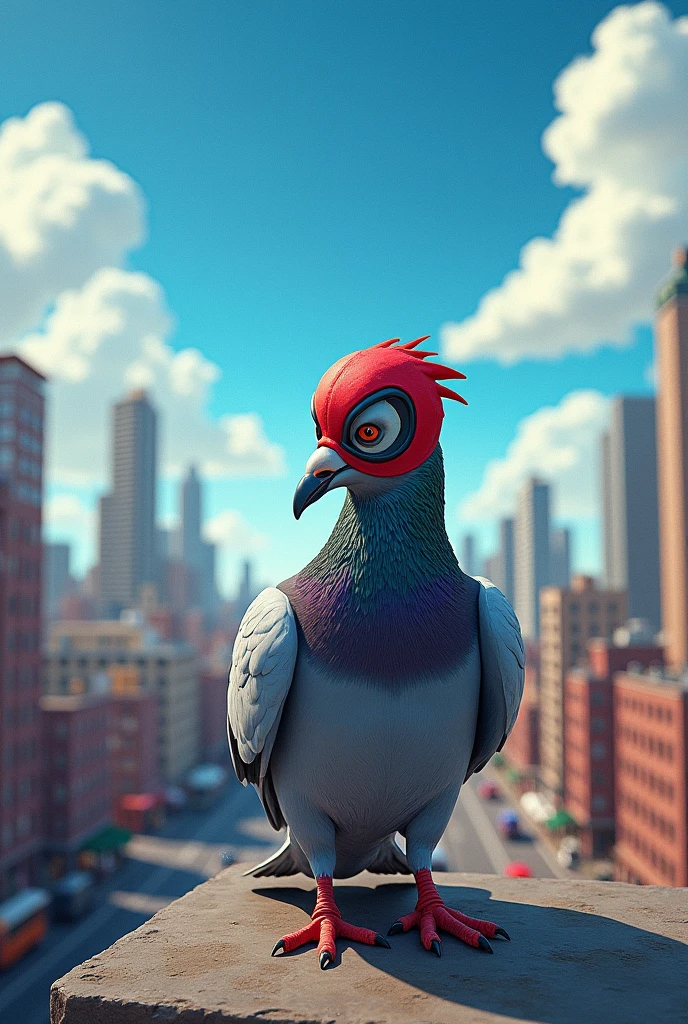 Create an image of a pigeon wearing a Deadpool mask on a building. 