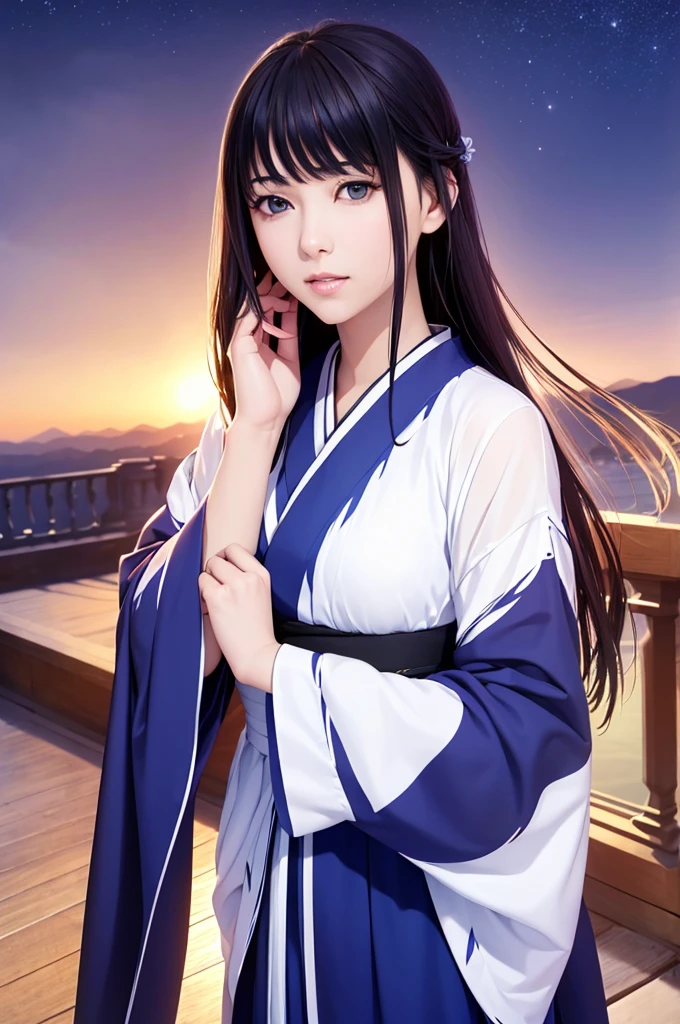 8k, RAW Photos, Highest quality, masterpiece: 1.2), (Realistic, Photo Realistic: 1.4), {{{One person}}},, Depth of written boundary, whole body, Cinema Lighting, Asian, Beautiful Faces, Beautiful body, sweating, , Depth of written boundary, skin, ear, Pale skin, Highest quality, masterpiece, figure, Very disciplely and beautiful, Very detailed,CG,Unity,8k wallpaper,wonderful,In detail,Master,Highest quality,Official Art,Very detailed CG Unity 8k wallpaper,Ridiculous,incredibly Ridiculous,Large file size, Very redundant, High resolution, Very redundant, Beautiful detailed, Very detailed目と顔, Beautiful attention to detail, Light on the face, (Hanfu: 1.1), One person、Starry sky and fog cover the landscape