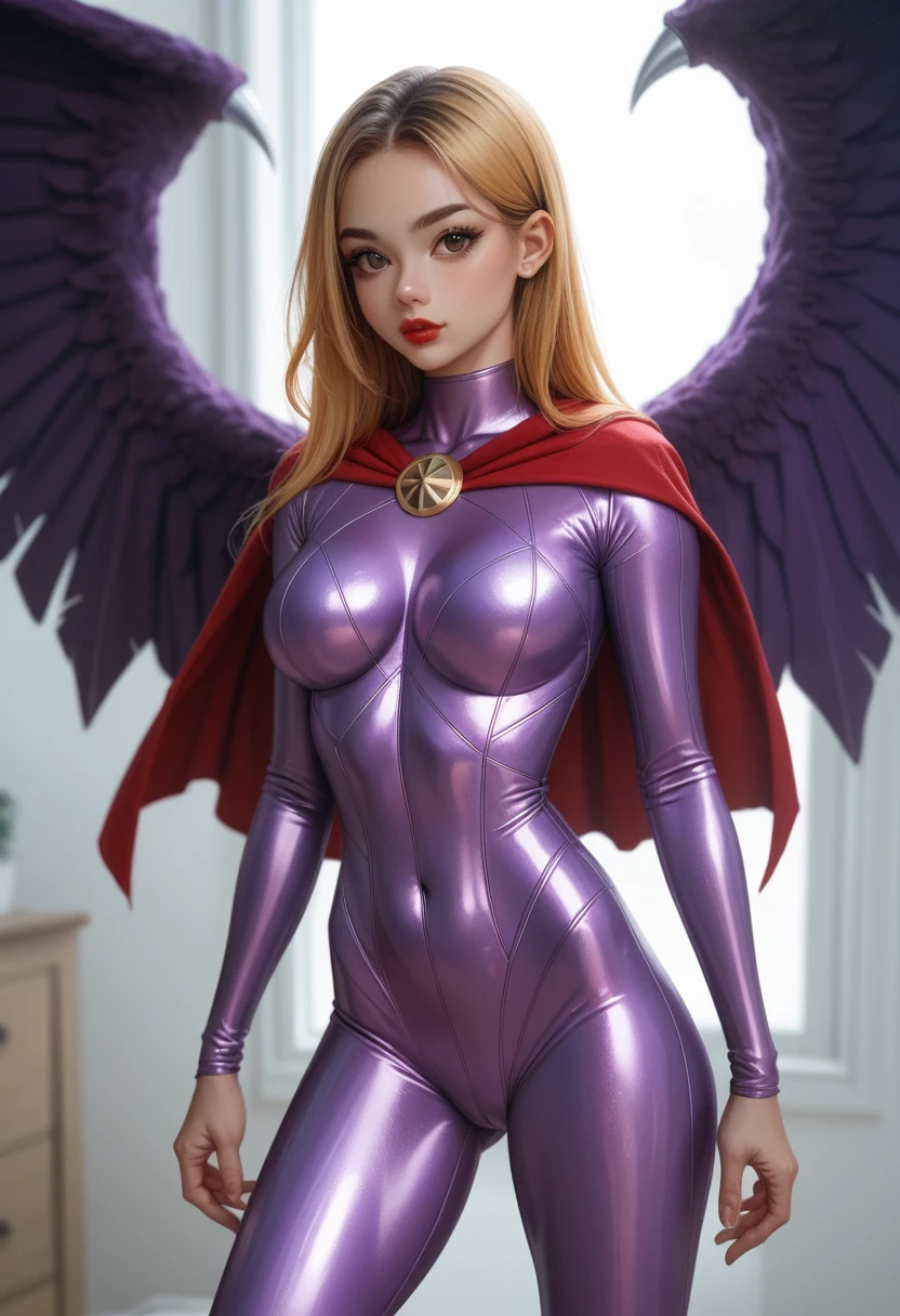 3 girls 3 littl brown eyes red mouth long golden hair .4-piece purple lycra suit with violet cape. with wings board athletic body slim waist big breasts big buttocks meteor shower