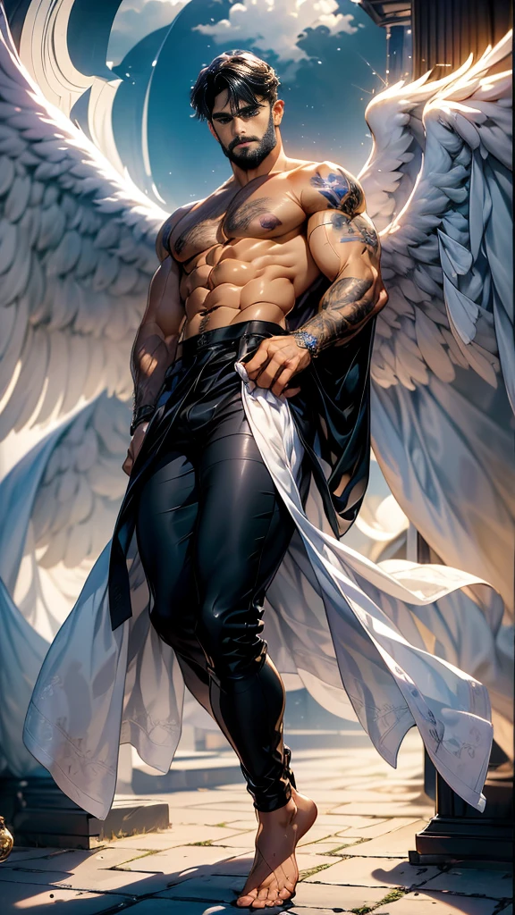 Daegan(1), male_character, detailed_face, no more characters, angel wings (symmetrical style), blue eyes (iris color), small beard, black hair, blue pants, Shirtless, tattooed, arm pointing sky (body), visual harmony, epic scenery, extremely detailed CG unity 4k wallpaper, best quality, amazing quality, very aesthetic, (ominous shadows:1.1), (flowing robes:1.1), (detailed folds and creases:1.1), (intense purple aura:1.2), (symbols of power surrounding him:1.1), (magical energy radiating:1.2), (spellcasting gestures:1.1), (ethereal particles:1.1), (dynamic pose:1.2), (epic soundtrack:1.2), (sense of awe:1.1), (magical prowess:1.1), over power, power up, sphere, extreme, focused.