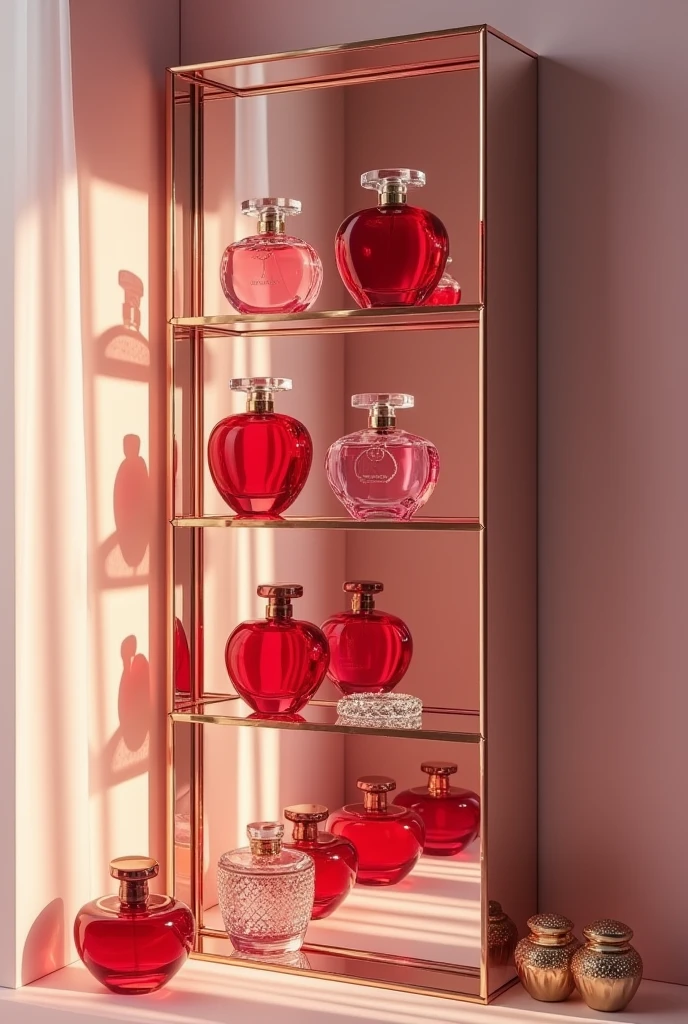 Create a tall mirrored glass shelf. with many perfumes in different shades of red
