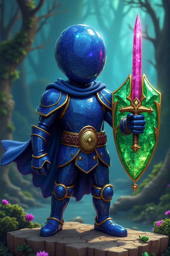 Create a Stickman character with an armor made of lapis lazuli, a sword made of ruby and a shield made of emerald. 