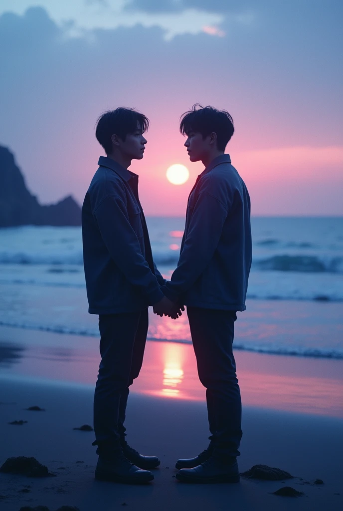 Un design avec deux silhouettes d’hommes en ombre sombre d’hommes Jungkook et Jimin se tenant la main ou se regardant intensément, symbolisant leur connexion profonde. Le fond pourrait être un dégradé de couleurs douces, comme des bleus et des violets, avec un paysage apaisant, comme une plage au coucher du soleil ou une forêt tranquille, et des éléments subtils qui suggèrent une connexion intime, comme deux chemins se rejoignant ou des empreintes côte à côte. Avec écrit bien en grand en évidence 마음의 메아리 Écriture Poétique et Émotionnelle