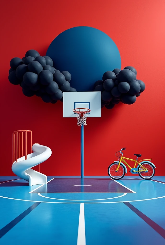 Blue basketball court with black stripes and a dark blue sun on a red background with black clouds and a white slide and a yellow and white bicycle
