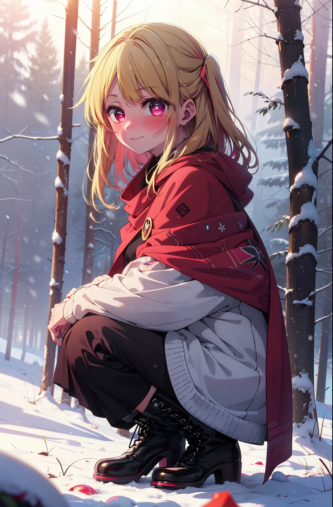 rubyhoshino, Hoshino Ruby, Long Hair, bangs, Blonde, (Pink Eyes:1.3), Side Lock, (Symbol-shaped pupil:1.5), Multicolored Hair, Two-tone hair, smile,,smile,blush,white breath,
Open your mouth,snow,Ground bonfire, Outdoor, boots, snowing, From the side, wood, suitcase, Cape, Blurred, , forest, White handbag, nature, Squat, Mouth closed, Cape, winter, Written boundary depth, Black shoes, red Cape break looking at viewer, Upper Body, whole body, break Outdoor, forest, nature, break (masterpiece:1.2), Highest quality, High resolution, unity 8k wallpaper, (shape:0.8), (Beautiful and beautiful eyes:1.6), Highly detailed face, Perfect lighting, Highly detailed CG, (Perfect hands, Perfect Anatomy),