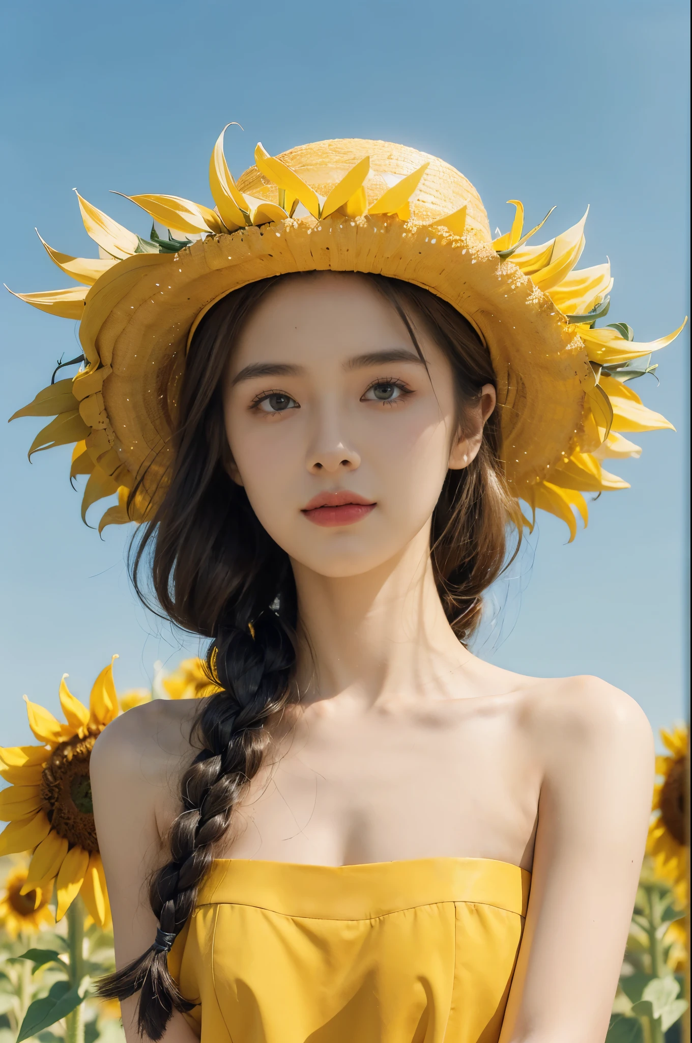 (((best quality))), (((ultra detailed))), (((masterpiece))), illustration,((a beautiful Ukrainian girl,solo)),((slim,thin)),((small breasts,flat chest)),(standing amidst a field of sunflowers:1.3),(vibrant blue formal hat:1.3),(short braid hair:1.2), (strapless vibrant bright yellow shirt:1.3),((from front,close-up of face)),complementary attire, (horizon as backdrop:1.2),((brilliant shade of clear blue sky, stark contrast with sea of yellow sunflowers)),striking features, sharp piercing eyes, warm kindness, subtle smile, gentle nature, simplicity of beauty,