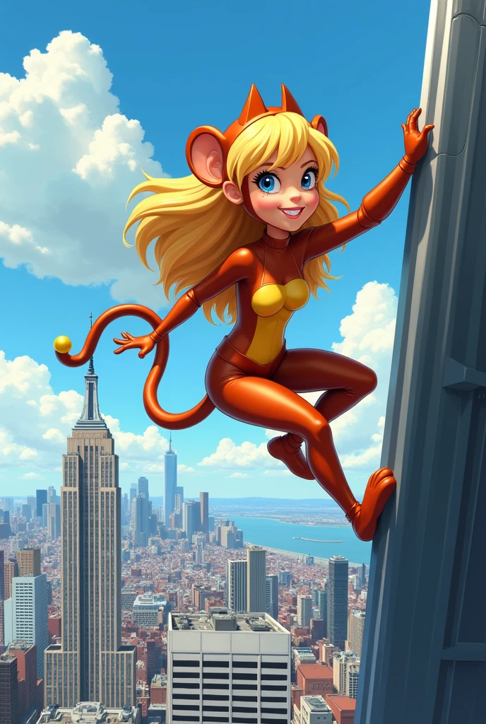Blonde female comic book superhero dressed as a monkey climbing a building in an animated cartoon style