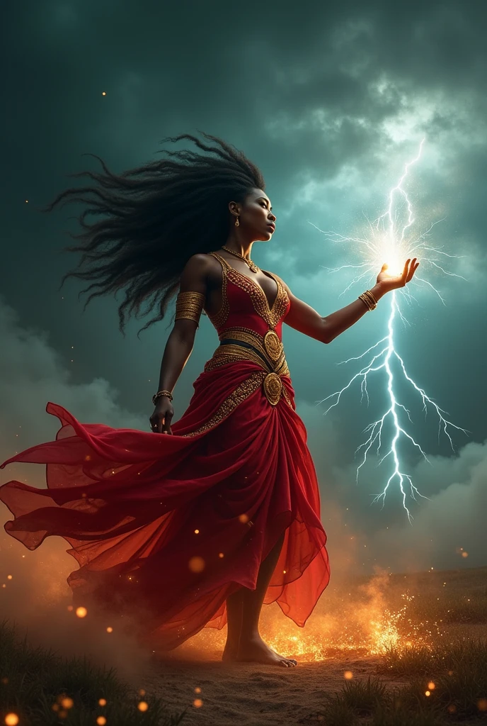 Black woman Orisha, warrioress, red and gold clothing, bare feet, in the middle of a tornado, with lightning coming out of his hand
