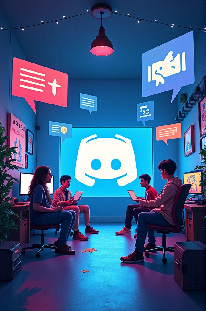 Background on Internet Concept, Use light blue colors with red and black details, message elements between friends, conversas e gaming, many friends talking from afar using conversation bubbles In the same sense, use more graphic elements that refer to the internet Several people in different rooms with different themes (( music, gaming, movies)) Discord symbol in the middle