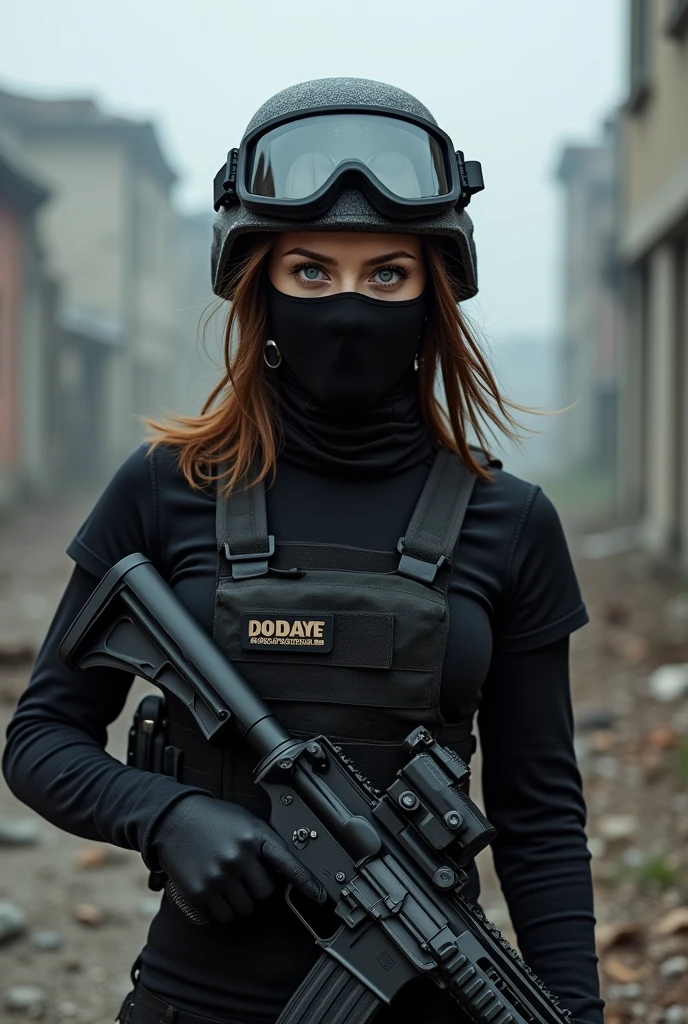 White girl, brown hair blue eyes. Black comat gear, goggles over her eyes, helmet on her head, Balaklava covering her whole face. Holding a rifle in hand. You cant see her face