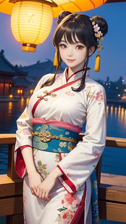 ( High resolution、 Super detailed)、masterpiece、Highest quality、High resolution、8k、Realistic skin texture、 Young and beautiful woman、Beautiful Face、Beautiful Face、Pretty lips、Ample breasts、Balanced style、Hair styled in a bright-colored round bun、Smiling eyes、Hanfu、Walking、Cowboy Shot、background、Buildings from the Tang Dynasty、The city of Chang'an during the Tang Dynasty in China、river view、Night view、Flower garden、Peach Blossom、Lantern Light、Detailed CG、