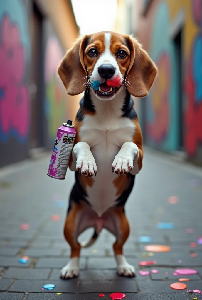 A beagle dog with a spray paint can