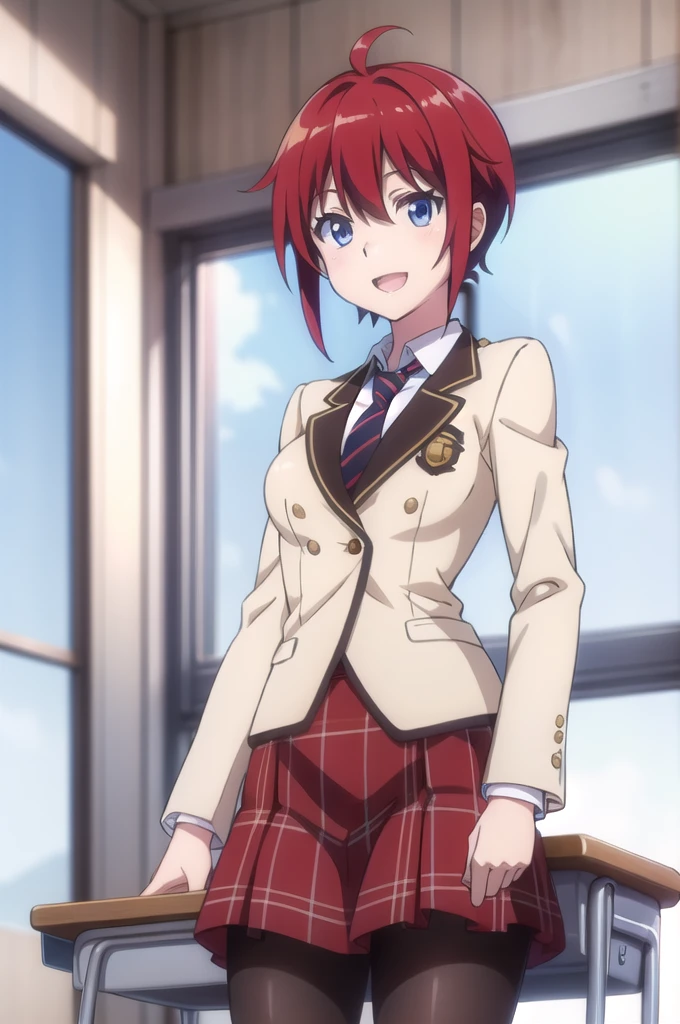 Highest quality, masterpiece, Very detailed,
Aoi Sakurai RW,
Open your mouth, A light smile,
blue eyes, Redhead, short hair, ミディアムshort hair,
school uniform, blazer, tie, Red Skirt, pantyhose,
Are standing, Looking at the audience,
classroom