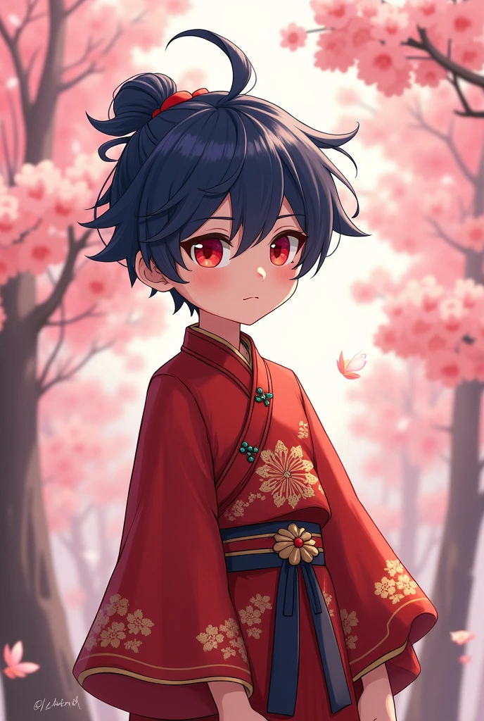 Male, 1 person, mini character illustration, hair color navy blue, eye color red, Chinese clothing, fluffy