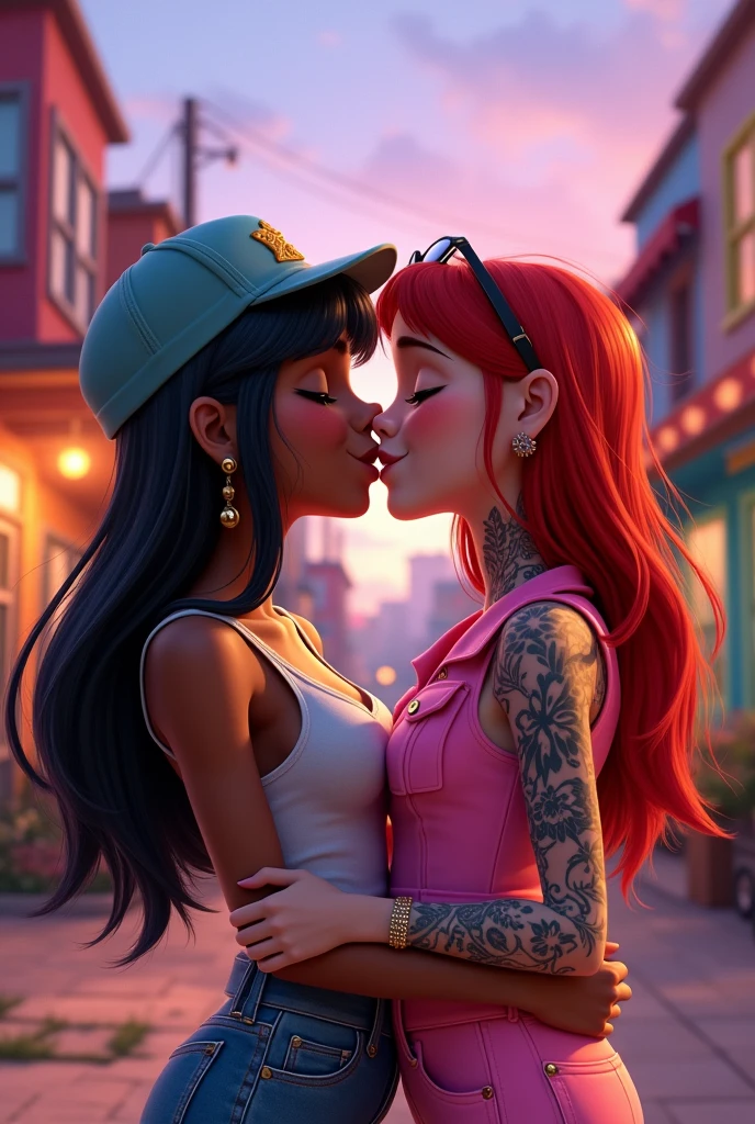 pixar design, Two female teenagers , una de pelo long negro, with glasses and cap, brown skin, another with red hair , long, with tattoos, White skin, pink military style clothing, kissing 