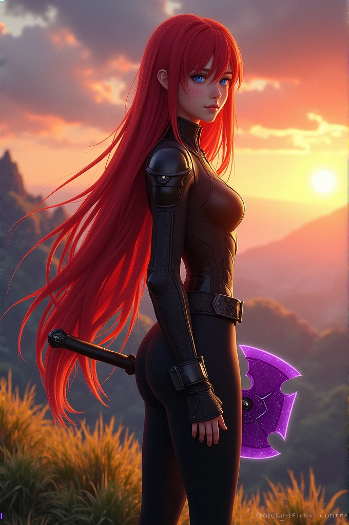 Create an image where a 20-year-old girl, Redhead with long straight hair, blue eyes, thick lips, clear skin, dressed in a black combat suit and holding a purple axe in her hand is standing on a hill