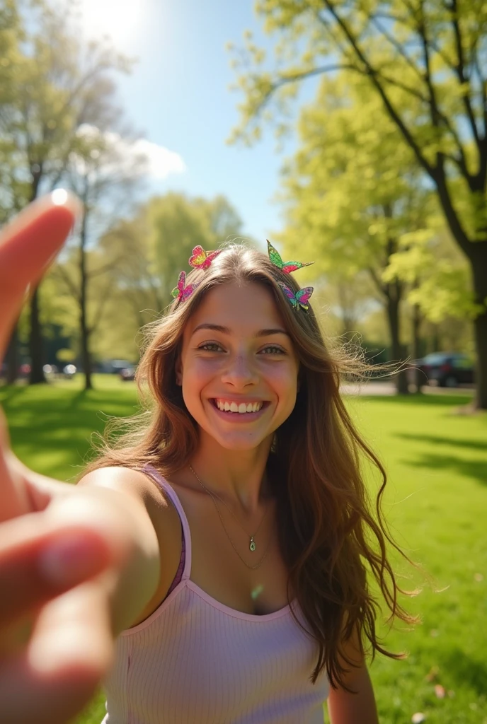 Girl selfies here self and and forming an L to her hand