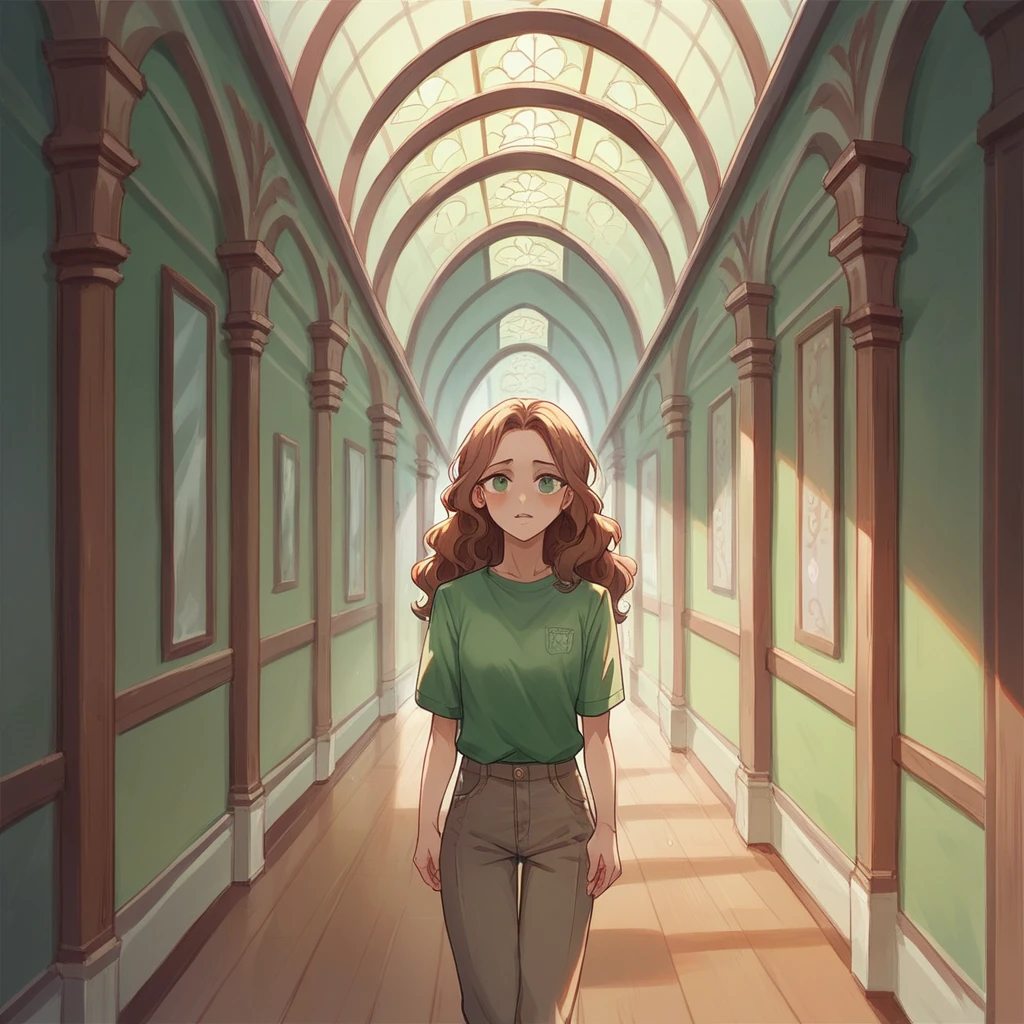 your wife (in her early 30s) confronts you in the hallway of our house. She has caramel wavy hair with a green shirt and green eyes.