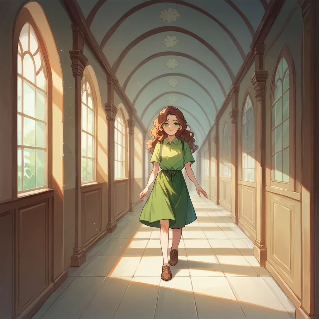 your wife (in her early 30s) confronts you in the hallway of our house. She has caramel wavy hair with a green shirt and green eyes.