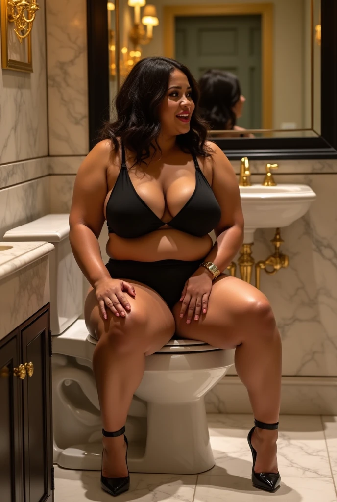 Plus size boss manager in black bikini high shoes sitting on toilet peeing and moaning