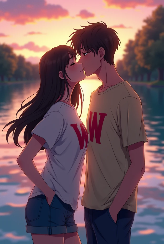 A woman and a man, facing the camera, are seated beside a lake, kissing. Each of them wears a shirt displaying the initials V and W.
Vicky is white.
The woman's shirt has the letter V and the man's shirt has the letter W.
The initials should be visible.
In anime style.
Vicky has brown eyes.