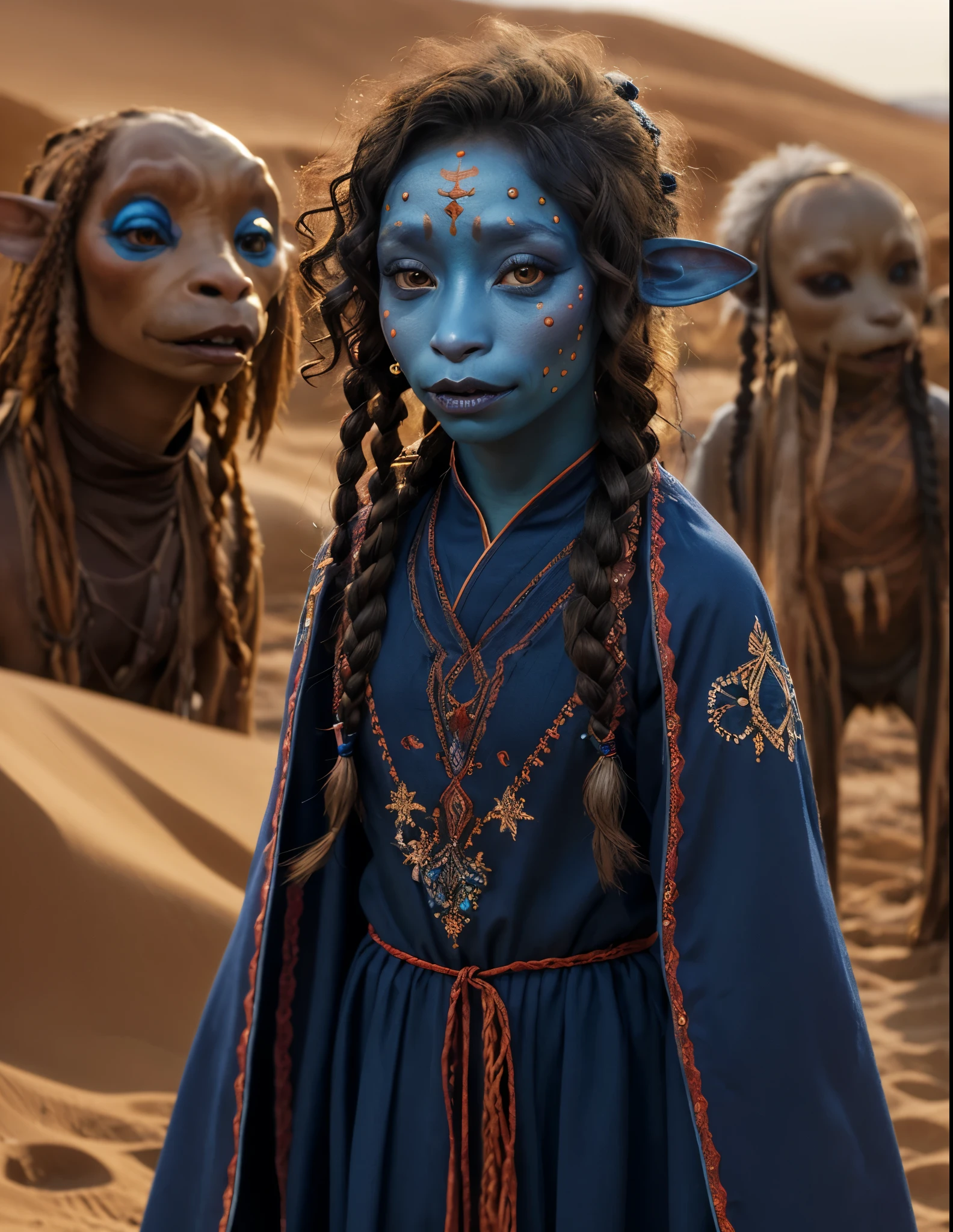 dousan, gelfling, female, dark blue and red beaded robes decorated with jewels and bones, short curly hair with long decorated braids, desert, blue skin with lighter blue face paint, orange eyes